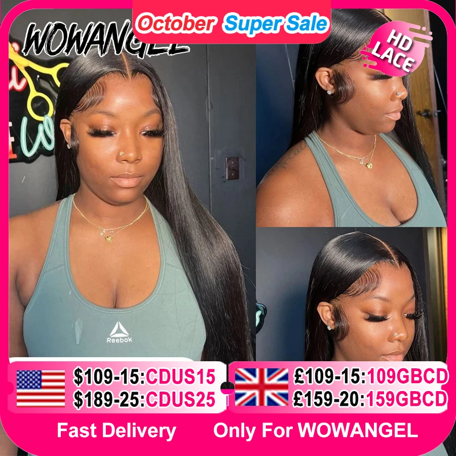WowAngel 250% Pre Bleached 13x6 HD 레이스 프론트 가발 34in Glueless 스트레이트 인간의 머리 가발 Pre Plucked 브라질 헤어 여성용