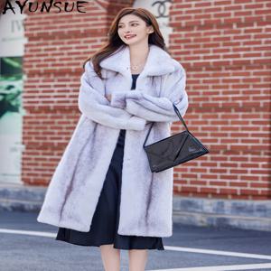 AYUNSUE 2025 천연 벨벳 밍크 퍼 코트 여성 고급 풀 밍크 겨울 코트 여성 의류 고품질 롱 아브리고 무헤르