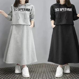 플러스 사이즈 여성용 패셔너블 슬리밍 후드 원피스 세트 봄 가을 신상 뱃살 커버 투피스 세트 폴리에스터 긴팔