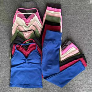 2피스 세트 요가 Df 여성 롱라인 스트랩 탑 및 스크런치 레깅스 짐 피트니스 의류 운동복 세트