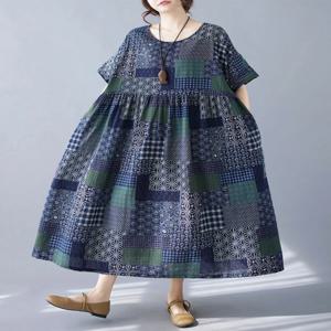 레트로 스타일 엄마 원피스 플로럴 프린트 반팔 루즈핏 라운드넥 임부복 여름 롱 스커트 코튼 캐주얼 A라인 드레스