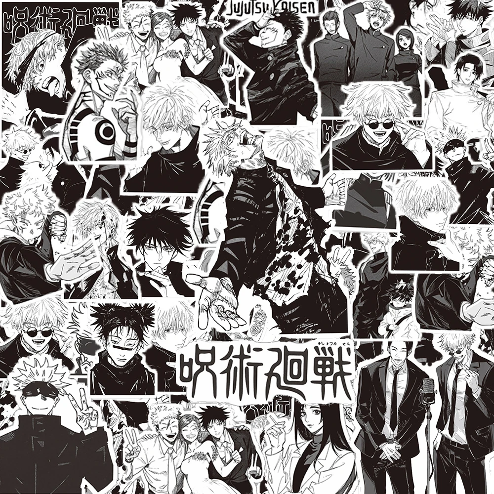 10/30/65pcs 블랙 화이트 Jujutsu Kaisen 애니메이션 스티커 DIY 컴퓨터 전화 케이스 일기 멋진 만화 비닐 장식 스티커 데칼