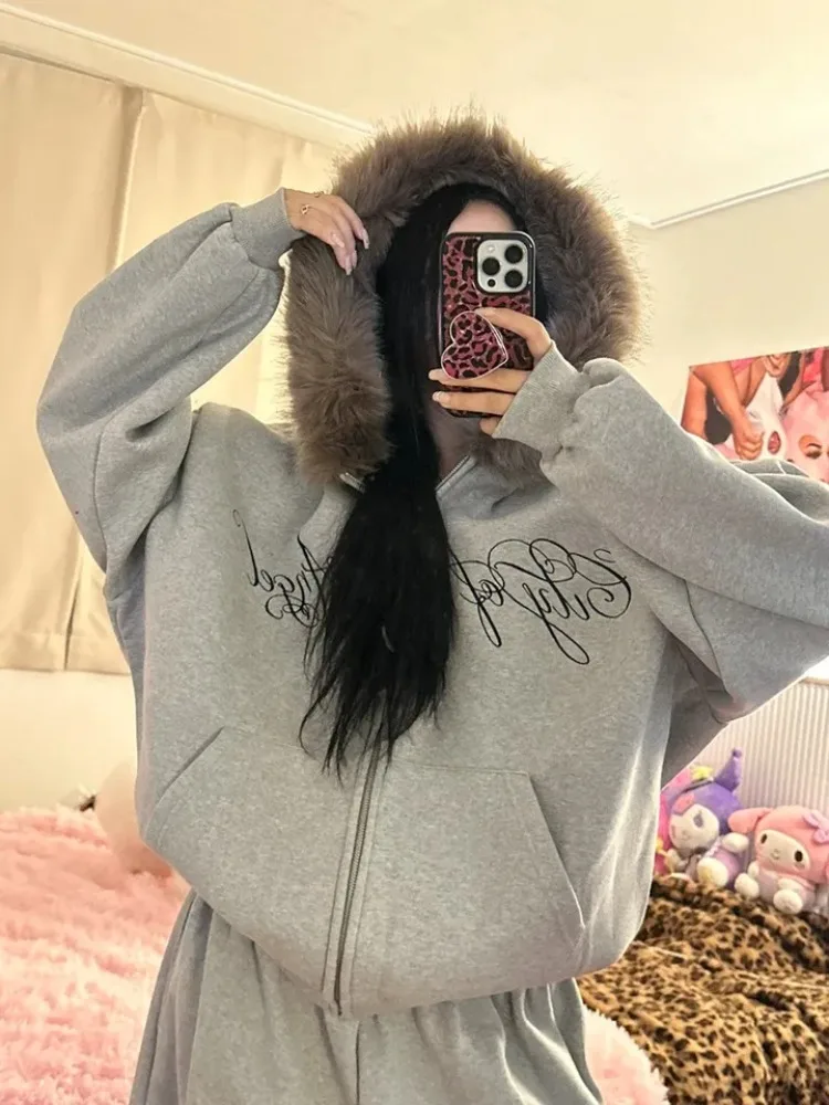 따뜻한 플리스 후드 재킷 큰 퍼 칼라와 지퍼 캐주얼 루즈핏 여성용 봄 가을 겨울 집업 스웨트셔츠