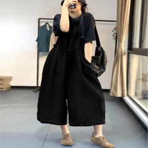 캐주얼 통기성 순색 와이드 레그 스트랩 팬츠 하이 웨이스트 7부 길이 면 린넨 혼방 여성 플러스 사이즈 패셔너블 루즈핏 여름 바지