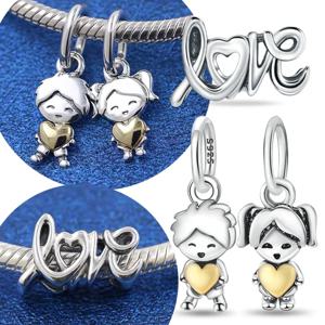 925 실버 새 커플 시리즈 사랑 소년 & 소녀 매달려 매력 하트 비즈 여성을위한 원래 팔찌에 맞게 Diy 파인 쥬얼리 선물