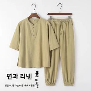 남성용 캐주얼 코튼 린넨 7부 소매 투피스 세트 여름용 루즈핏 얇은 긴 바지 편안하고 통기성 좋은 의류