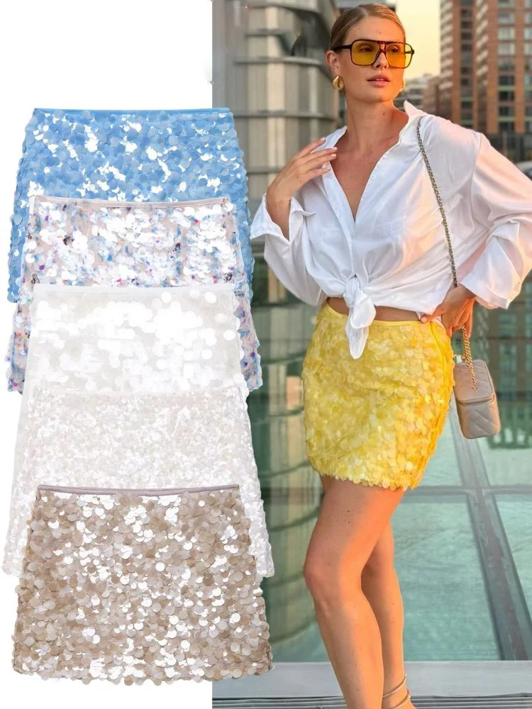 HH 우아한 여성용 솔리드 스팽글 슬림 미니 스커트 2025 반짝이는 파티 스타일 스커트 여성 섹시 하이웨이스트 숏 A라인 스커트