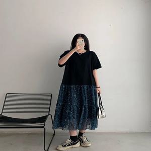 플러스 사이즈 임부복 여름 신상 플로럴 프린트 맥시 드레스 페이크 투피스 긴팔 라운드넥 A라인 드레스 캐주얼 슬림핏