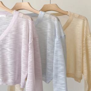 린넨 아이스 실크 자외선 차단 짧은 얇은 가디건 여성 여름 신상 에어컨 탑 한국 스타일 브이넥 긴팔