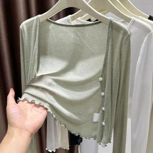 플러스 사이즈 아이스 실크 얇은 자외선 차단 가디건 여성 여름 반팔 아우터 나무결 가장자리 스프링 가을 아우터 셔츠