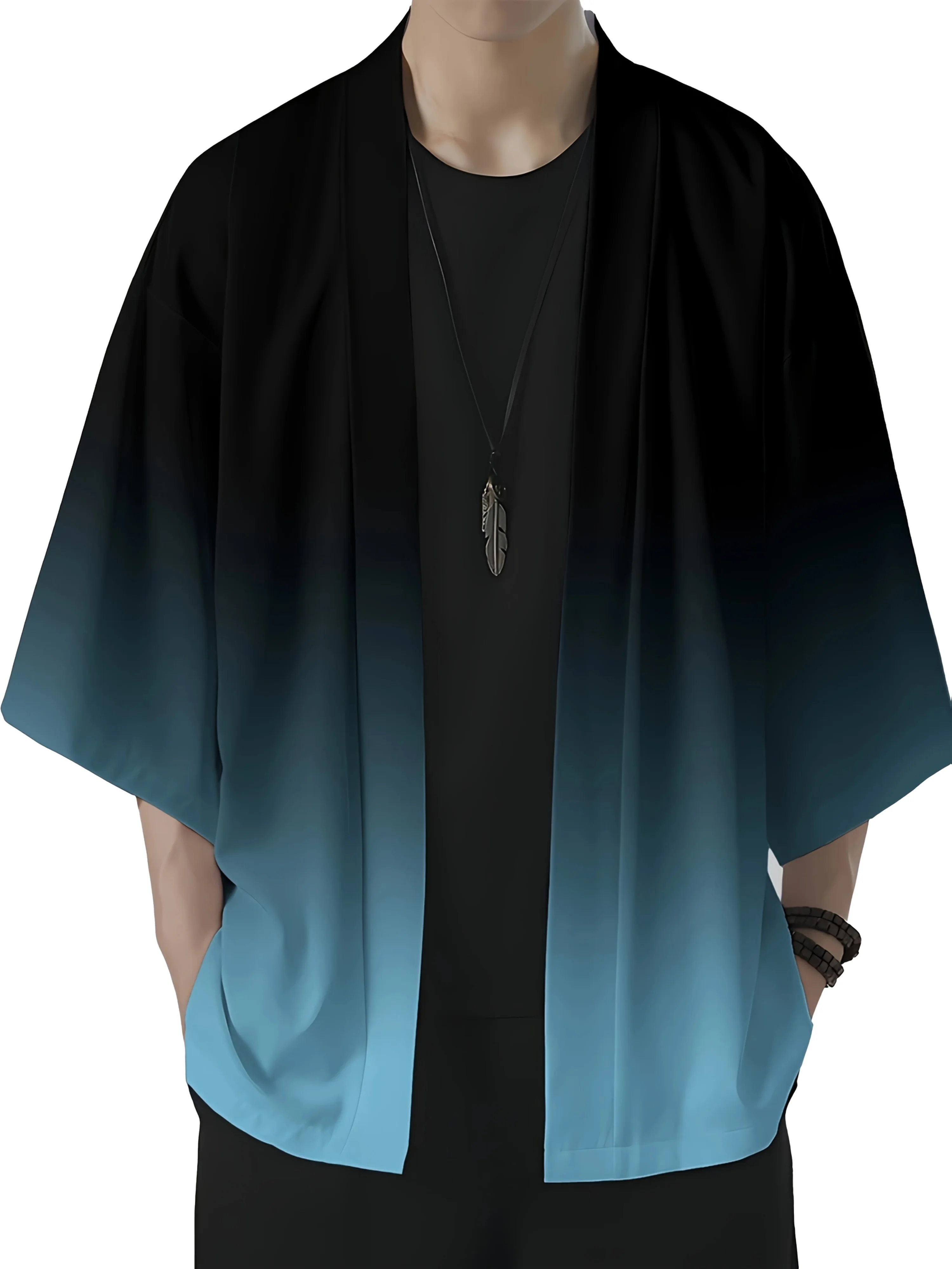 남성 패션 그라데이션 프린트 루즈핏 기모노 캐주얼 여름 비치웨어, 오픈 프론트, 가벼운 폴리에스터 기모노 스타일 스트리트웨어