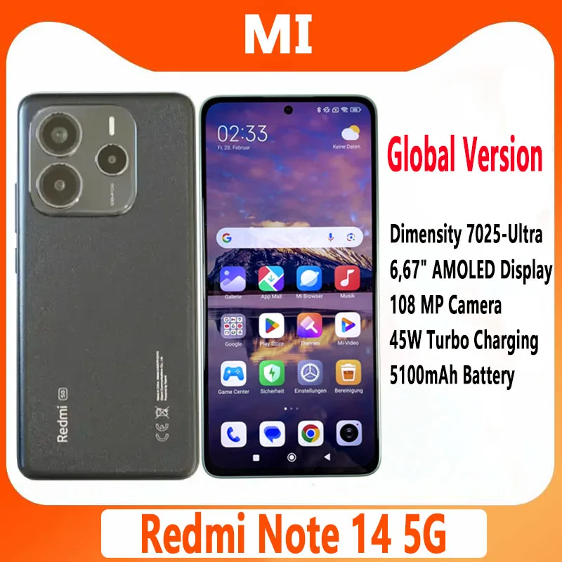 【브랜드+】샤오미 레드미 노트 14 5G 유럽 버전 8+256GB AMOLED 디스플레이 6.67인치 120Hz 108MP 메인 카메라 OIS 45W 충전, NFC