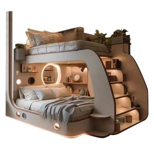 맞춤형 가구 트리 하우스 벙커 이층 높이 조절 가능 조명 스트립 원목 침대