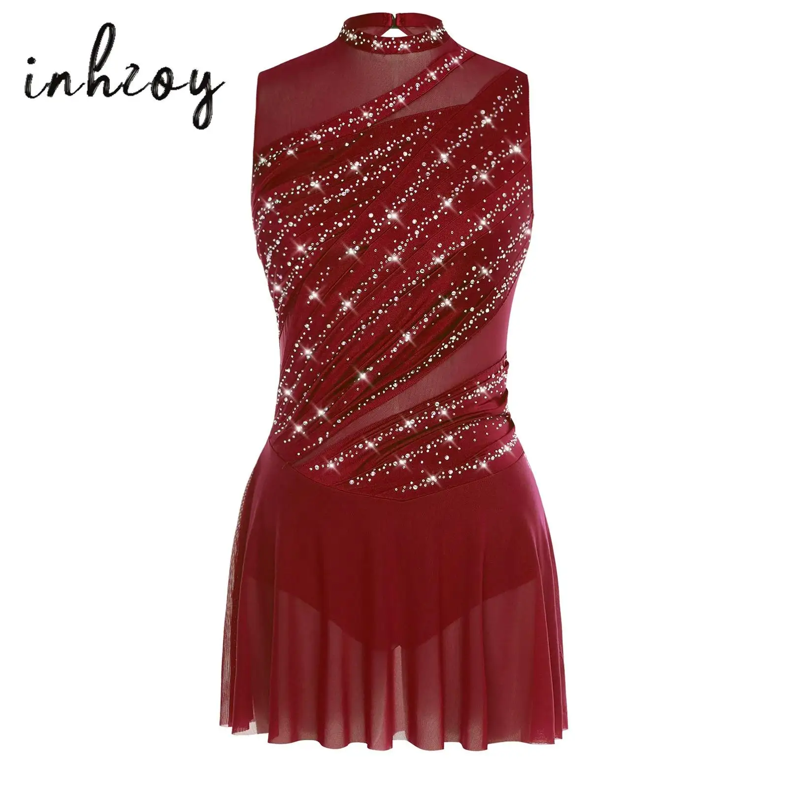 여성 Ruched 발레 서정적 댄스 드레스 라운드 칼라 민소매 라인 석 백 레스 드레스 무대 공연 경쟁