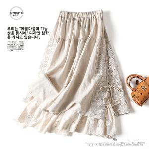 벨트가 있는 달콤한 자수 리넨 스커트, 헤비 자수 하이웨이스트 A라인 롱 스커트, 여성 출퇴근 예술적 스타일