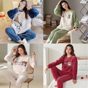 두꺼운 따뜻한 플란넬 여성 잠옷 산호 벨벳 잠옷 겨울 귀여운 만화 곰 패딩 두 세트 소녀 Nightwear Loungewear