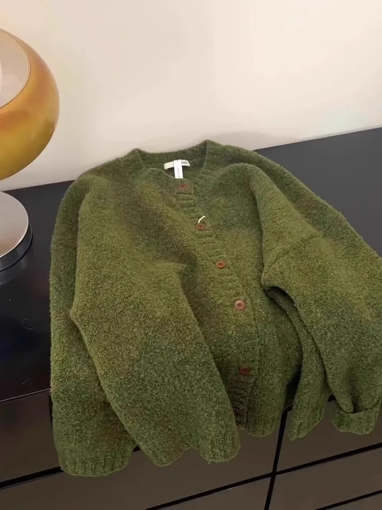 여성 레트로 그린 니트 가디건, 라운드넥 싱글 브레스트, 부드러운 두꺼운 스웨터, 루즈핏 캐주얼 통근 코트, 가을 겨울 신상