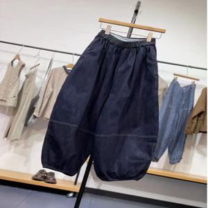 플러스 사이즈 여성 빈티지 패치워크 밴딩 데님 하란 팬츠 루즈 슬리밍 와이드 레그 랜턴 팬츠 캐주얼 스타일