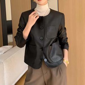 고품질 여성 봄 코트 짧은 길이 O 넥 칼라 큰 주머니가있는 싱글 브레스트 패션 럭셔리