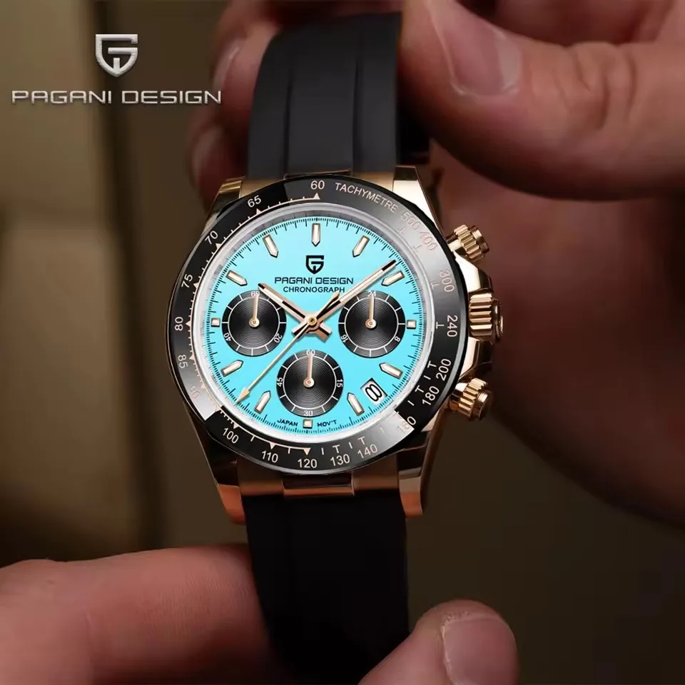 PAGANI DESIGN 40MM V2 스카이 블루 다이얼 클래식 남성 쿼츠 시계 사파이어 레트로 크로노 그래프 스테인레스 스틸 방수 시계 남성