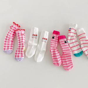 4켤레 핑크색 만화 공주 소녀 양말 가을 겨울 아동용 면 따뜻한 중목 양말 한국 체크무늬 스트라이프 유아 양말
