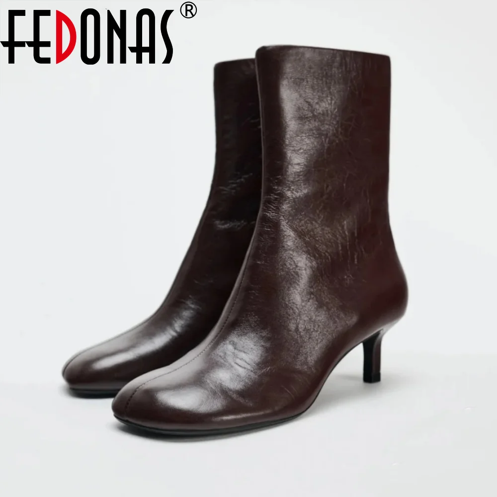 페도나스 여성용 정품 가죽 얇은 하이힐 따뜻한 가을 겨울 앵클 부츠 라운드 토 숏 엘레강스 숏 부츠 슈즈