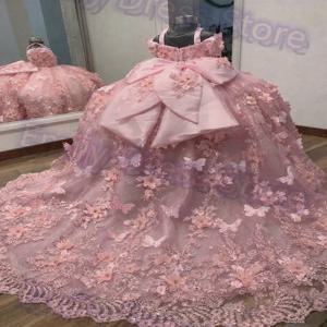 결혼식을위한 맞춤형 꽃의 소녀 드레스 핑크 럭셔리 레이스 우아한 아플리케 진주 어린이 생일 파티 유아 공 가운