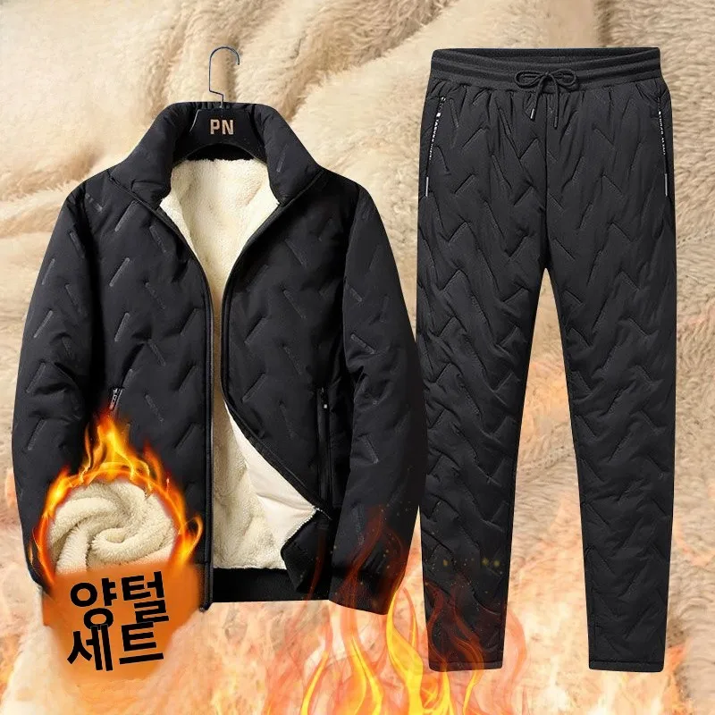 패셔너블한 두꺼운 아빠 스타일 면 재킷 남성용 겨울 다운 코튼 코트 양털 벨벳 따뜻한 방한 코튼 코트 및 바지 세트