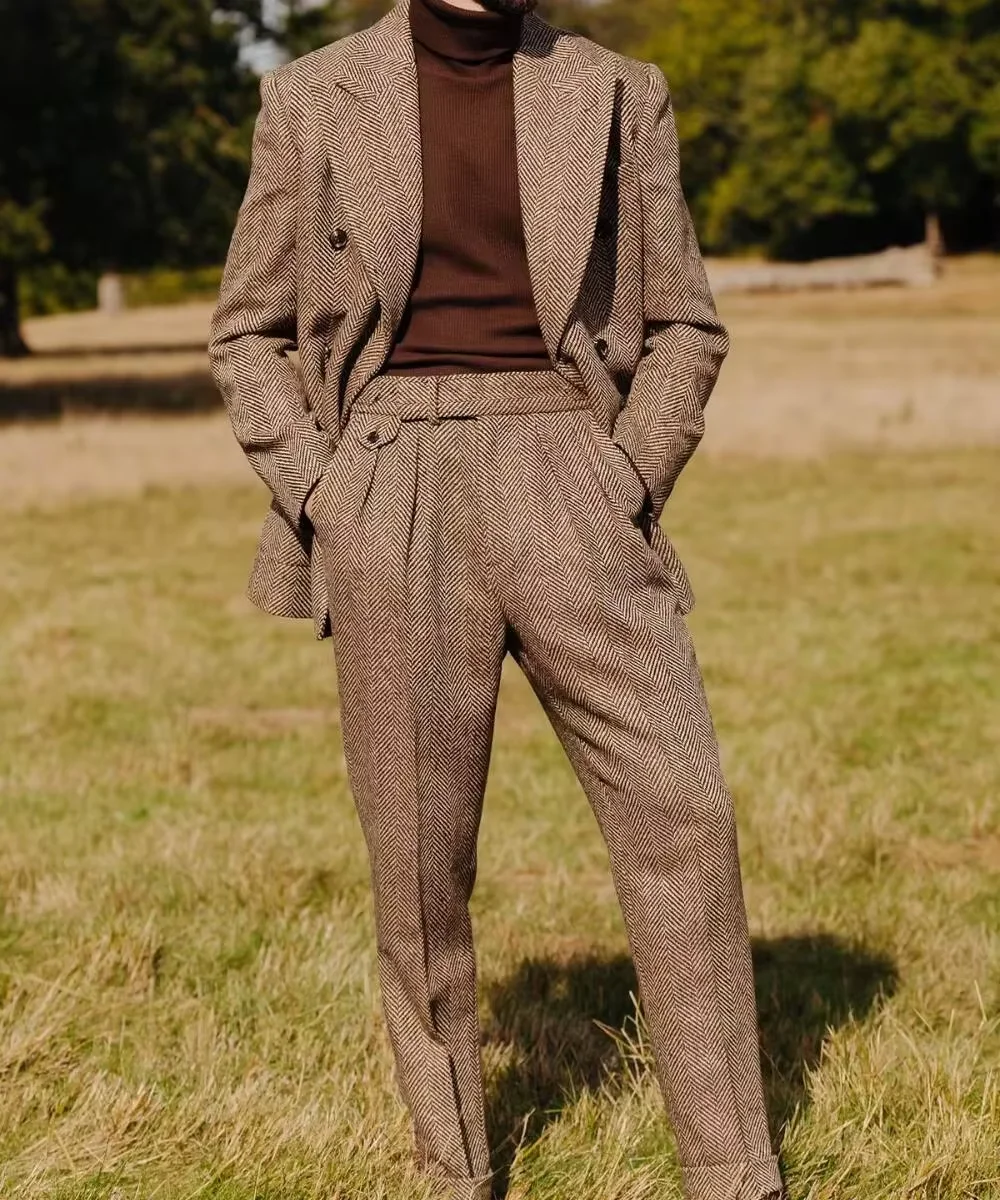 헤링본 남성 정장 2피스 패션 라펠 더블 브레스티드 턱시도 신랑 블레이저 바지 파티 비즈니스 맞춤 세트 인기 상품