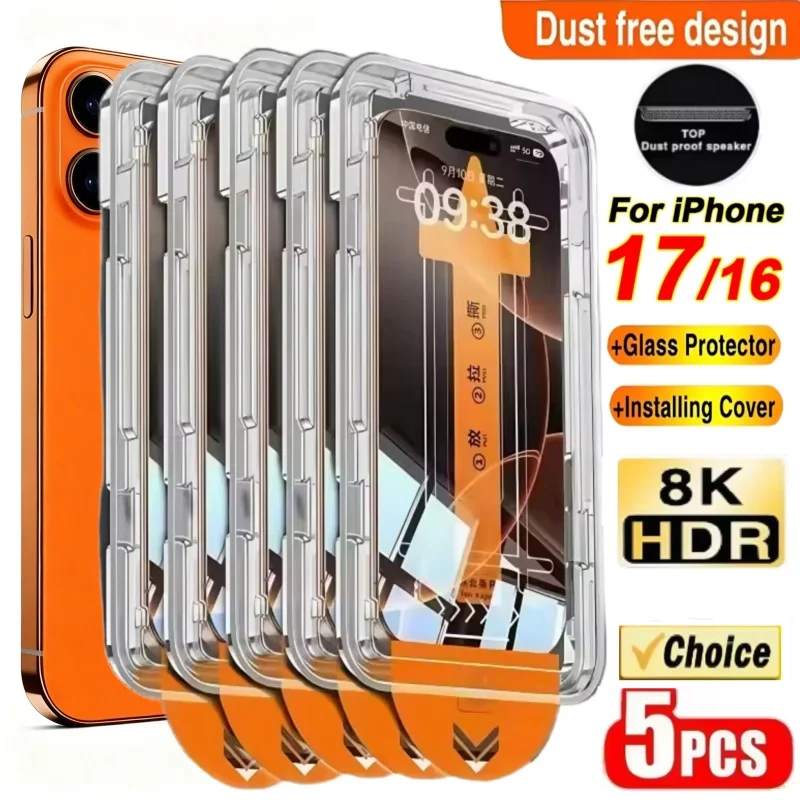 1-5개 먼지 방지 HD 클리어 강화유리 스크린 보호필름 아이폰용 아이폰 17 프로 맥스 16 프로 맥스 17 에어 16 플러스 설치 용이
