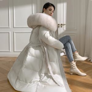하이 퀄리티 여성용 럭셔리 여우 모피 칼라 화이트 구스 다운 코트, 벨트 포함 롱 다운 재킷, 여성 후드 아우터, 2025 겨울