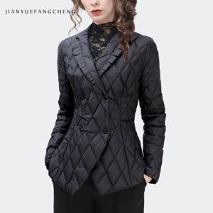 여성용 세트 칼라 다운 재킷, 블랙 슬림 숏 더블 브레스트 탑, 따뜻한 경량 화이트 덕 다운 패딩 재킷, 겨울 신상