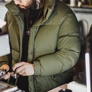 Maden 남성용 겨울 왁스 처리 다운재킷, 탈착식 후드, 흰 오리털 충전 두툼한 보온 스탠드 칼라 외투, 남성용 털 안감 아우터 상의