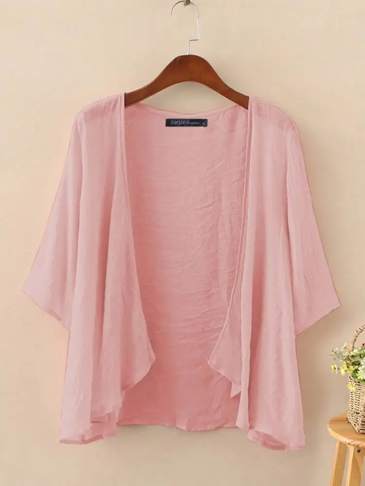 2023 ZANZEA 여름 패션 카디건 여성 3/4 슬리브 솔리드 블라우스 캐주얼 홀리데이 비치 홀리데이 기모노 오픈 프론트 셔츠 블라우스