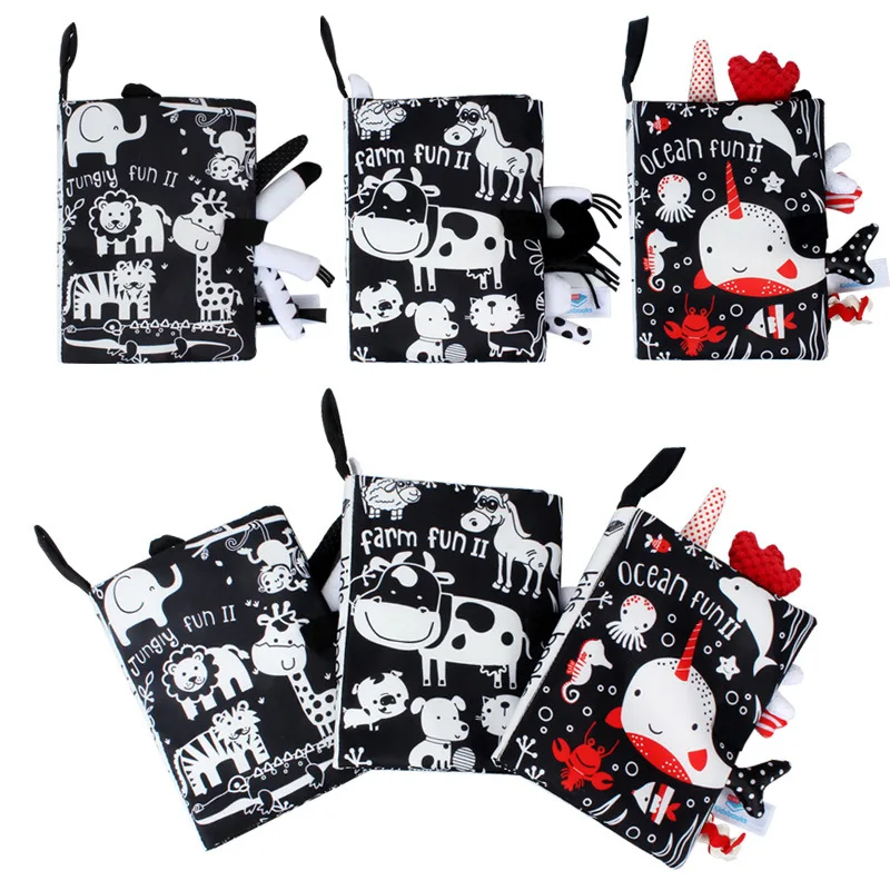 아기 만화 3D 꼬리 흑백 빨간색 동물 빨 수있는 헝겊 책 유아 조기 학습 인식 장난감 소리 종이 선물