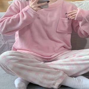 가을과 겨울 두꺼운 따뜻한 여성 잠옷 세트 체크무늬 슬립웨어 홈웨어 단색 캐주얼 코랄 벨벳 나이트웨어