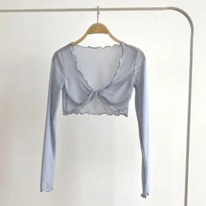 여성용 캐주얼 러플 메쉬 매듭 카디건, 긴 소매 시스루 자외선 차단 상의, 짧은 한국 셔츠, 비치 웨어