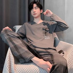 코튼 잠옷 남성 긴팔 청소년 대형 잠옷 Homewear 라운드 넥 만화 공룡 잠옷 Loungewear