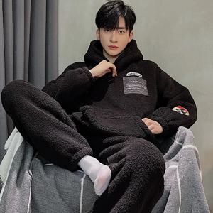 남성용 산호 플리스 잠옷, 기모 두꺼운 플란넬, 블랙 남아용 플러스 사이즈, 겨울 후드 홈웨어 세트, 가을 및 겨울