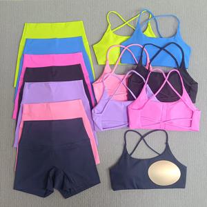 여성 요가 세트 2종 짐 반바지 자전거 반바지 레깅스 + 크로스 스포츠 브라 요가 세트 여성 하이웨이스트 반바지 러닝 트레이닝복