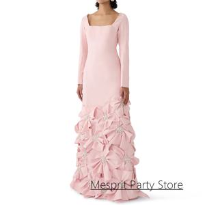 패션 핑크 이브닝 드레스 사용자 정의 스퀘어 넥 긴 소매 진주 꽃 라인 공식 예복 가운 미인 대회 파티 드레스