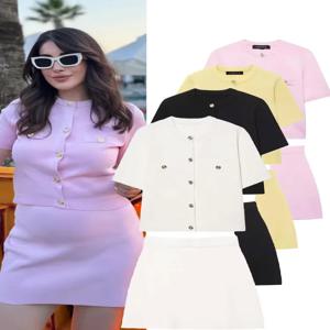 HH 여성용 우아한 정장 라운드 칼라 싱글 브레스티드 반소매 포켓 니트 탑+엘라스틱 웨이스트 미니 스커트 세트