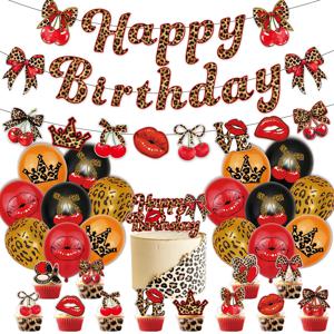 창의적인 레드 레오파드 프린트 체리 풍선 장식 세트 생일 배너 케이크 토퍼 휴일 파티/여자 친구 모임 장식