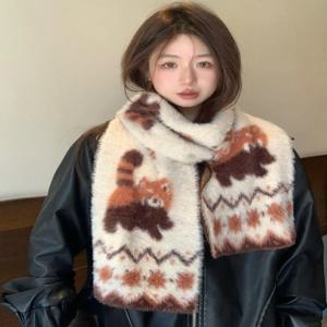 I.Turtle 귀여운 만화 작은 팬더 밍크 부드럽고 아늑한 스카프 여성용 가을 겨울 따뜻한 다용도 커플 목도리 이중 사용