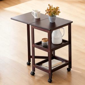 확장형 접이식 대나무 커피 테이블 3단 수납 선반 이동식 카트 거실 사무실용 월넛