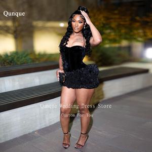 Qunque 블랙 걸 프롬 드레스, 럭셔리 벨벳 미니 생일 원피스, 여성 러플, 맞춤형