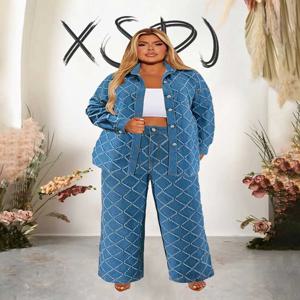 데님 2 조각 세트 여성 청바지와 재킷 겨울 캐주얼 복장 긴 소매 데님 격자 무늬 코트와 바지 세트 플러스 사이즈 옷