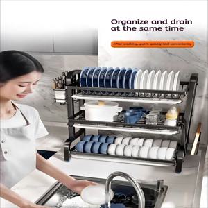 2025 신제품 접시 건조대 2단 컴팩트 주방 접시 건조대 배수판 세트 대형 녹 방지 접시 건조대 식기 홀더 포함