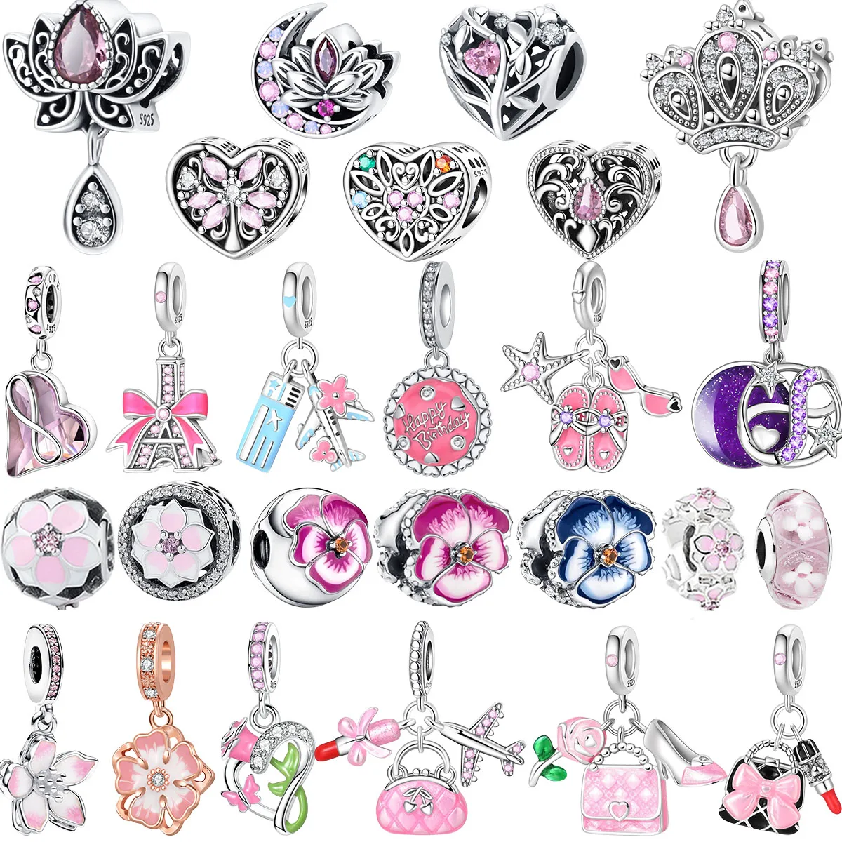 새로운 925 스털링 실버 핑크 블라썸 댕글 참 버터플라이 하트 플라워 로즈 버드 비즈 목걸이 DIY 팔찌 파인 주얼리