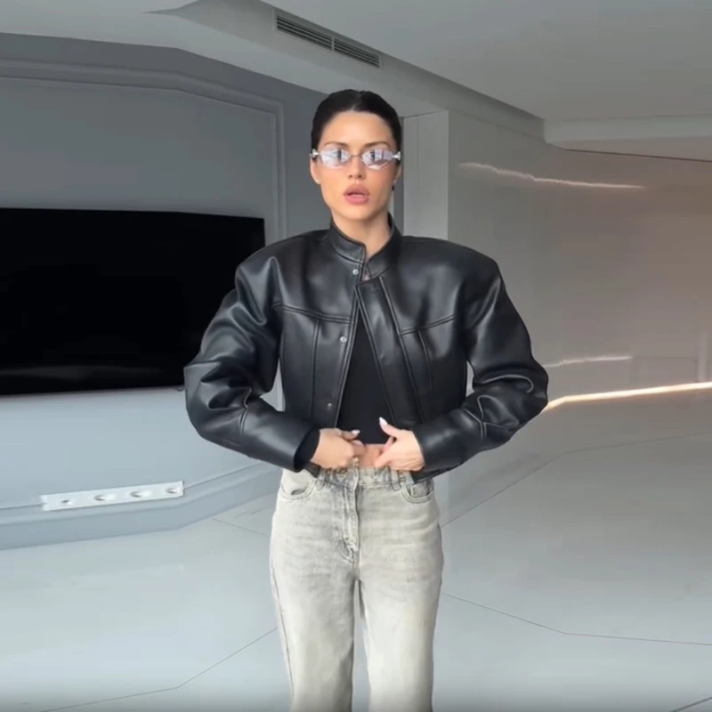 슬림핏 인조가죽 자켓 여성 클래식 모토 바이커 PU 슬림핏 지퍼 자켓 봄 가을 베이직 항공 점퍼 스트릿 아우터웨어